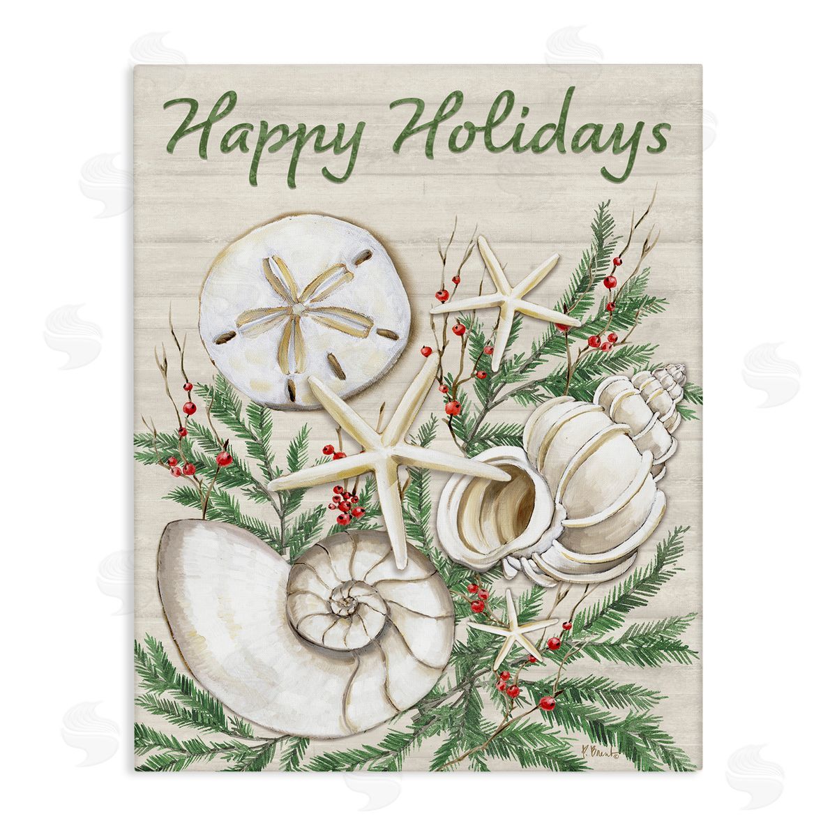 Holiday Seashells & Holly Canvas Wall Art, Home Decor by Paul Brent