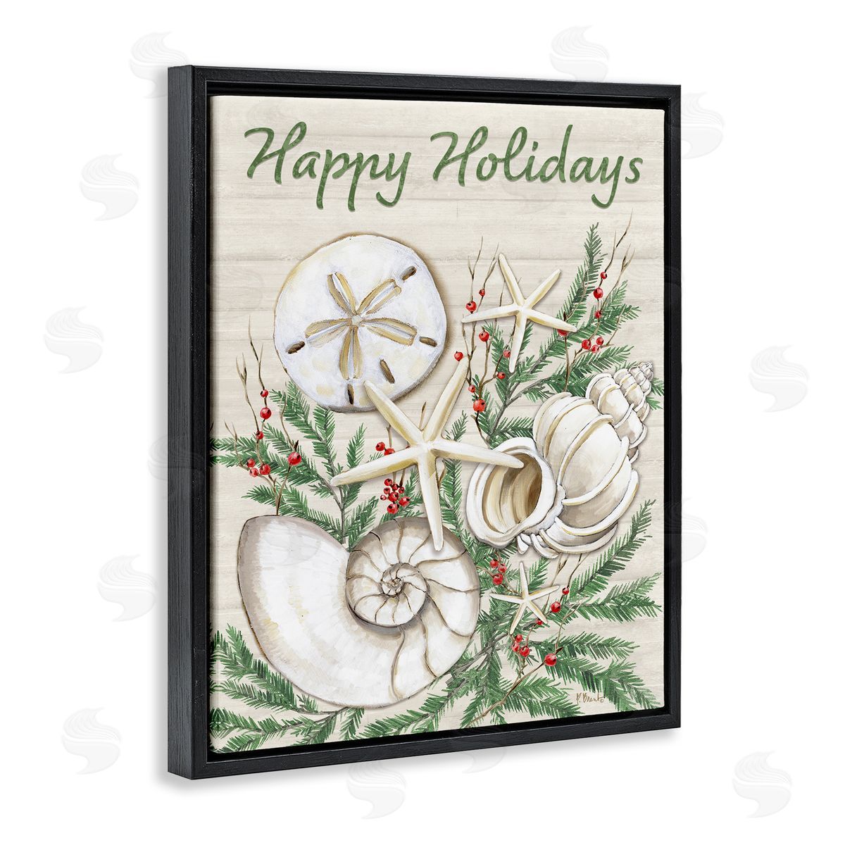 Holiday Seashells & Holly Black Floating Frame Canvas Wall Art, Home Decor by Paul Brent