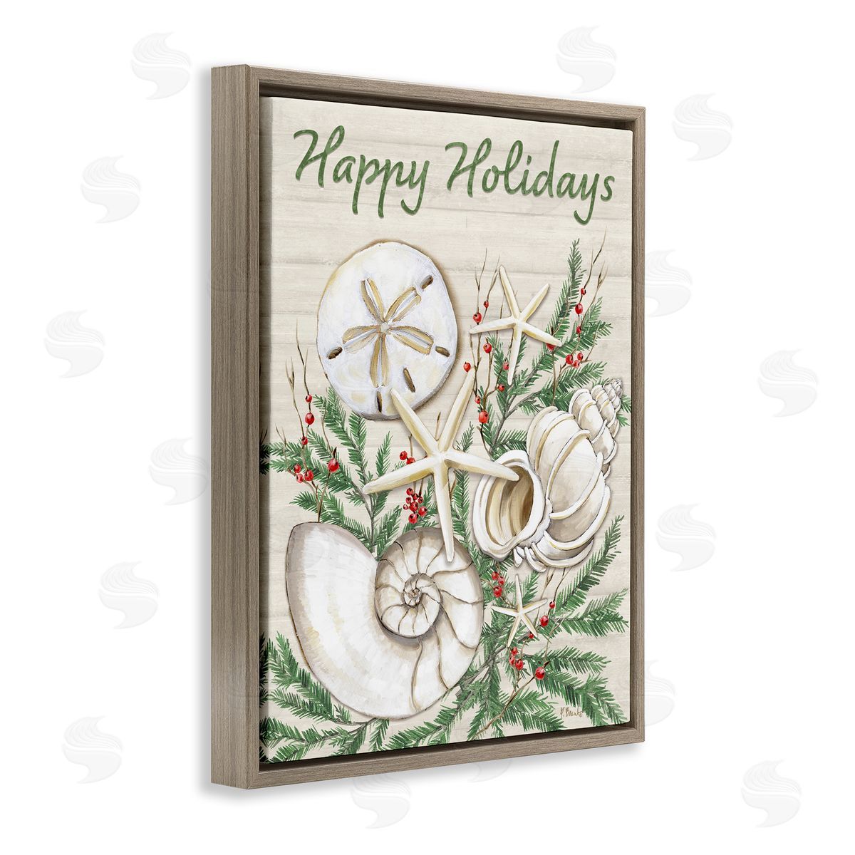 Holiday Seashells & Holly Brown Floating Frame Canvas Wall Art, Home Decor by Paul Brent