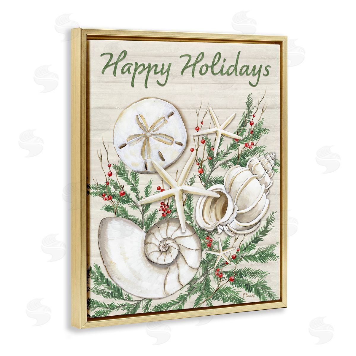 Holiday Seashells & Holly Gold Floating Frame Canvas Wall Art, Home Decor by Paul Brent