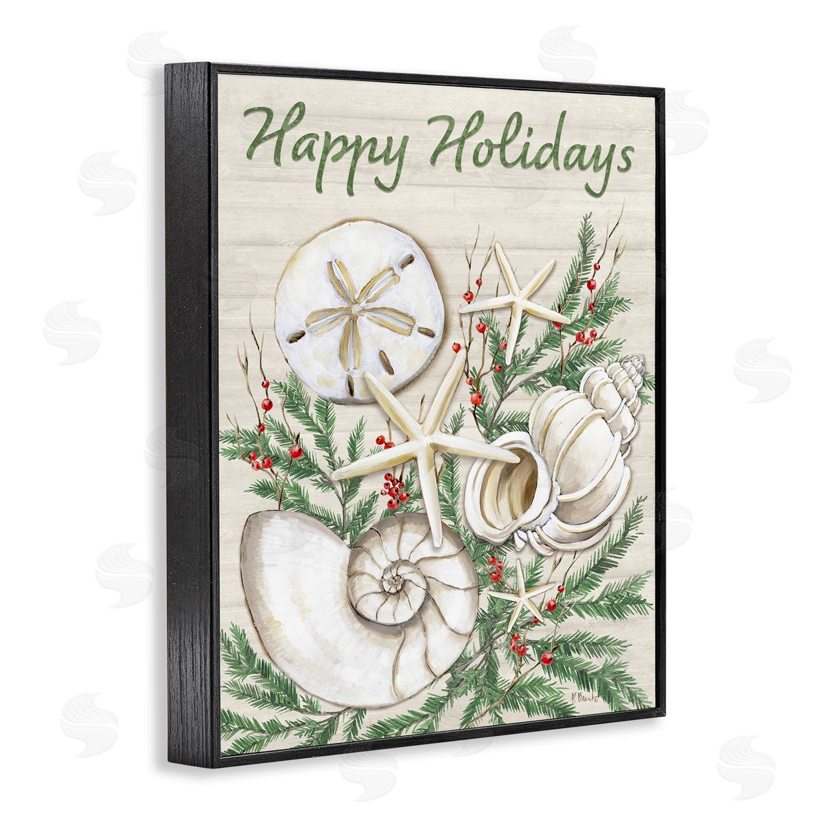 Holiday Seashells & Holly Black Frame Print Wall Art, Home Decor by Paul Brent