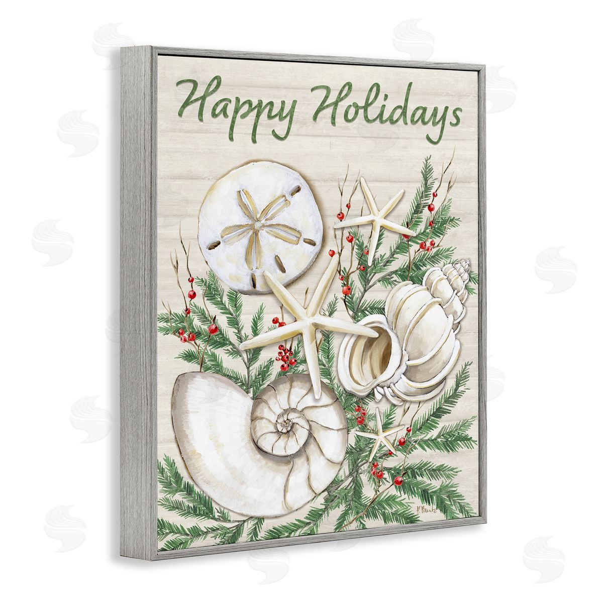 Holiday Seashells & Holly Grey Frame Print Wall Art, Home Decor by Paul Brent