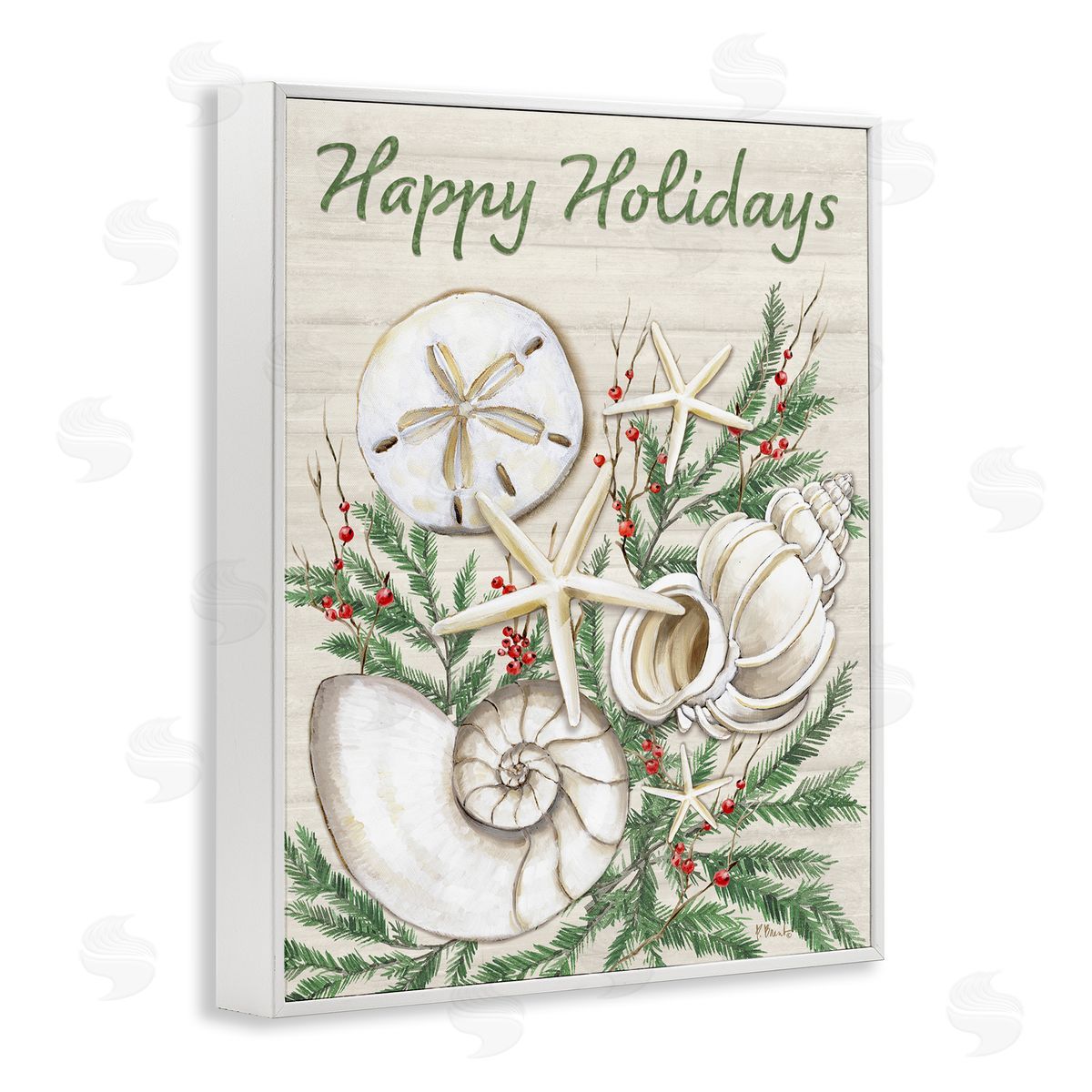 Holiday Seashells & Holly White Frame Print Wall Art, Home Decor by Paul Brent