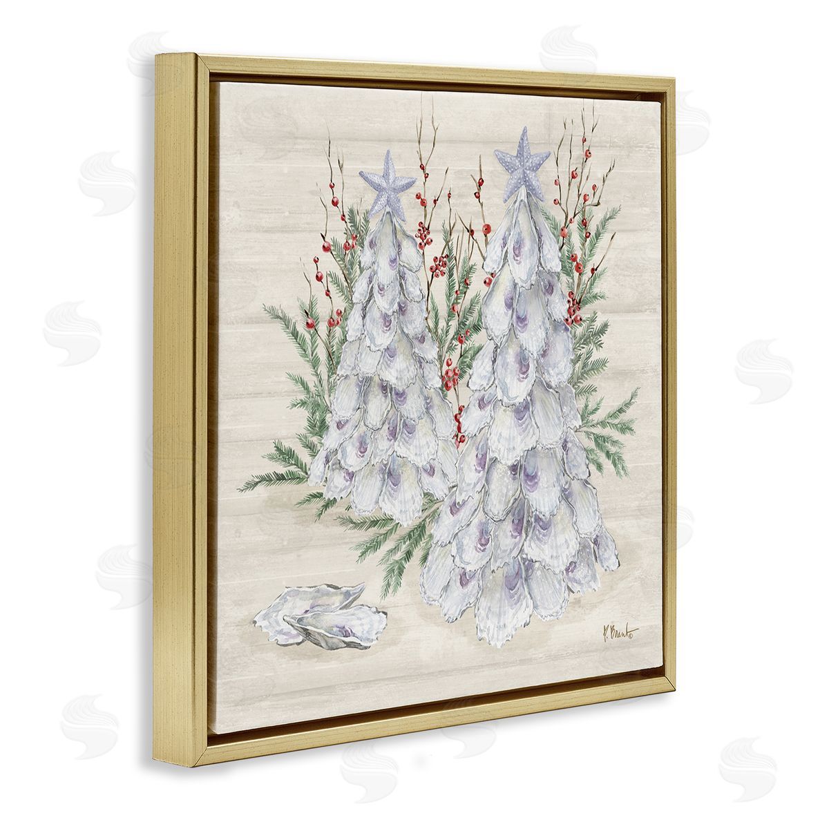 Seashells & Holly Trees Gold Floating Frame Canvas Wall Art, Home Decor by Paul Brent