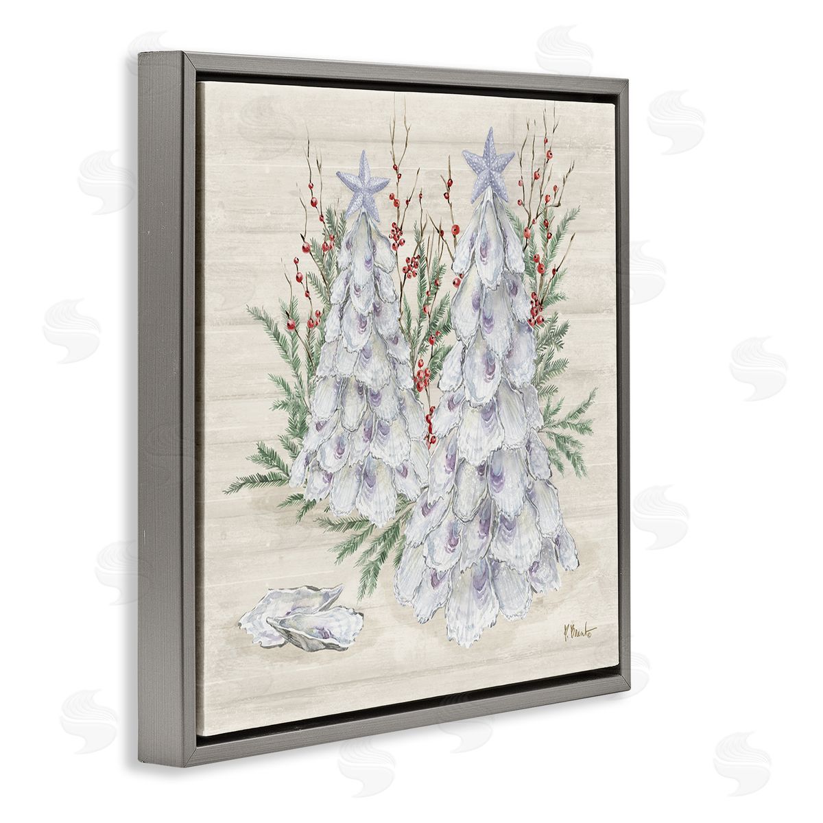 Seashells & Holly Trees Grey Floating Frame Canvas Wall Art, Home Decor by Paul Brent