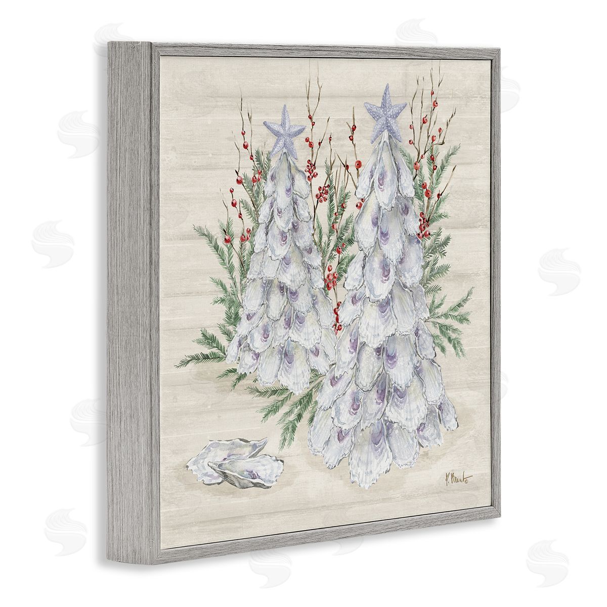 Seashells & Holly Trees Grey Frame Print Wall Art, Home Decor by Paul Brent