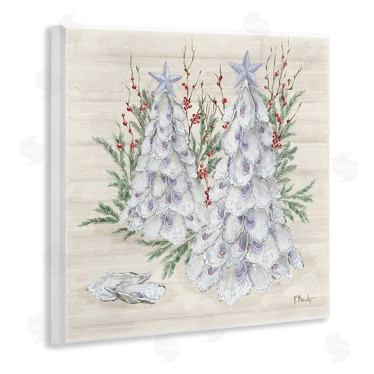 Seashells & Holly Trees Wood Plaque Wall Art, Home Decor by Paul Brent