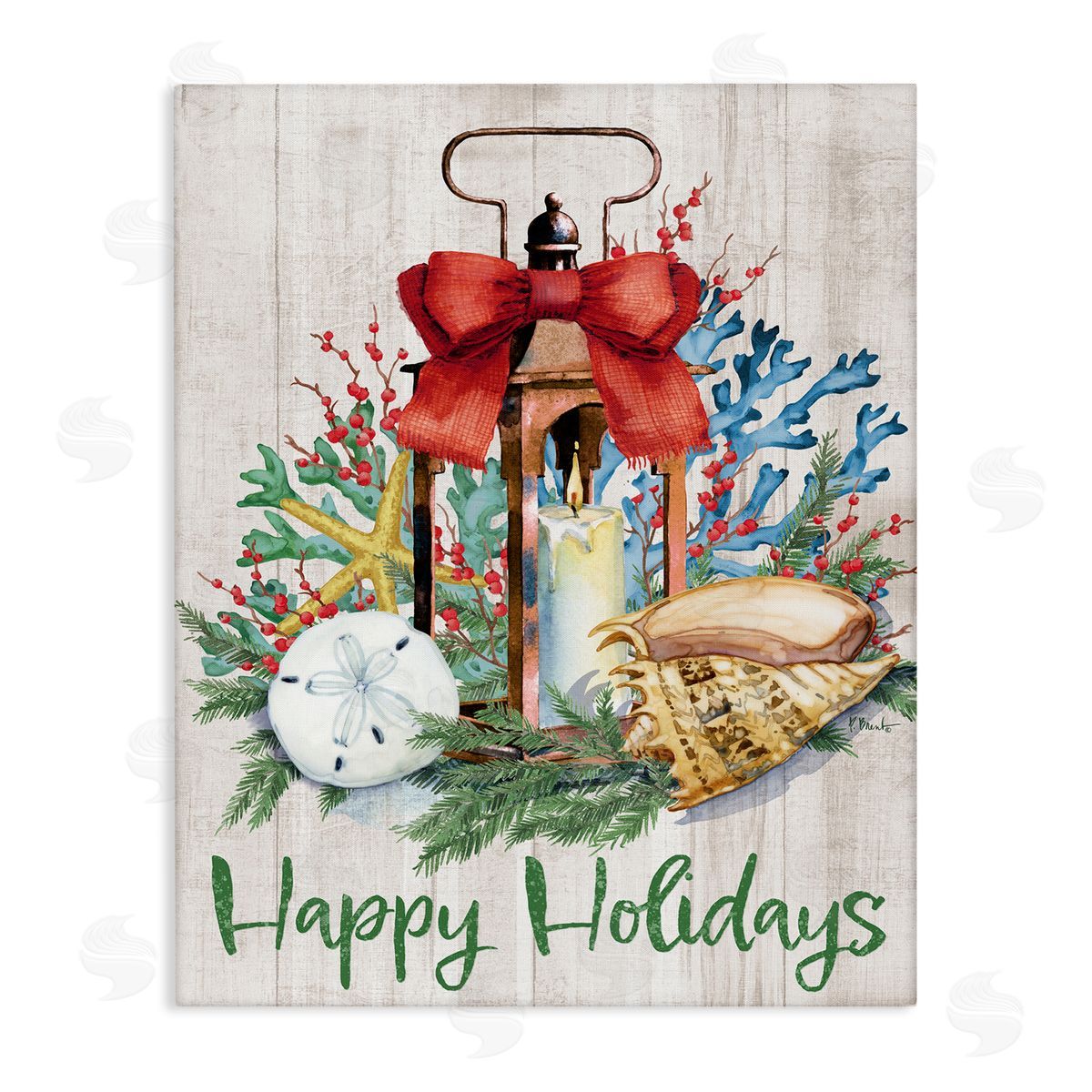 Happy Holidays Nautical Lantern Canvas Wall Art, Home Decor by Paul Brent