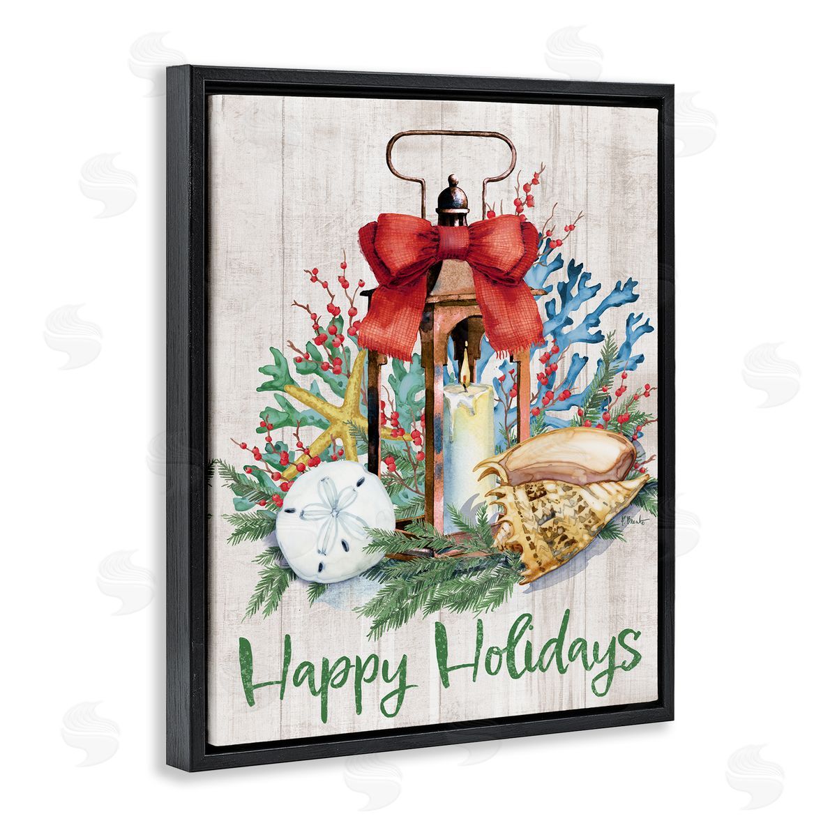 Happy Holidays Nautical Lantern Black Floating Frame Canvas Wall Art, Home Decor by Paul Brent