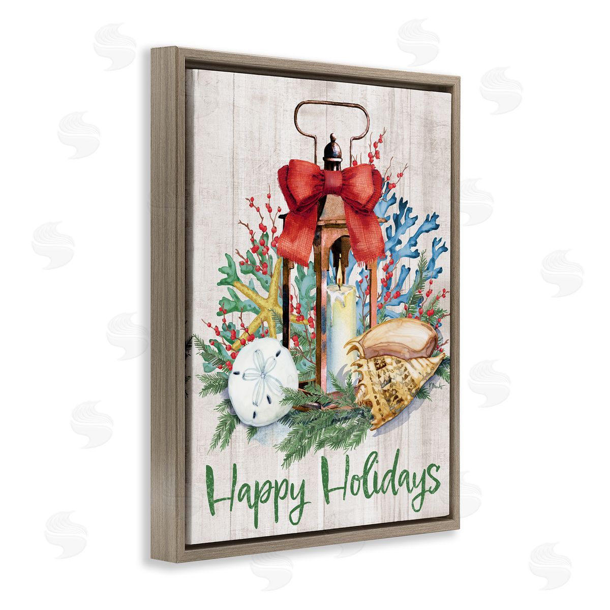 Happy Holidays Nautical Lantern Brown Floating Frame Canvas Wall Art, Home Decor by Paul Brent