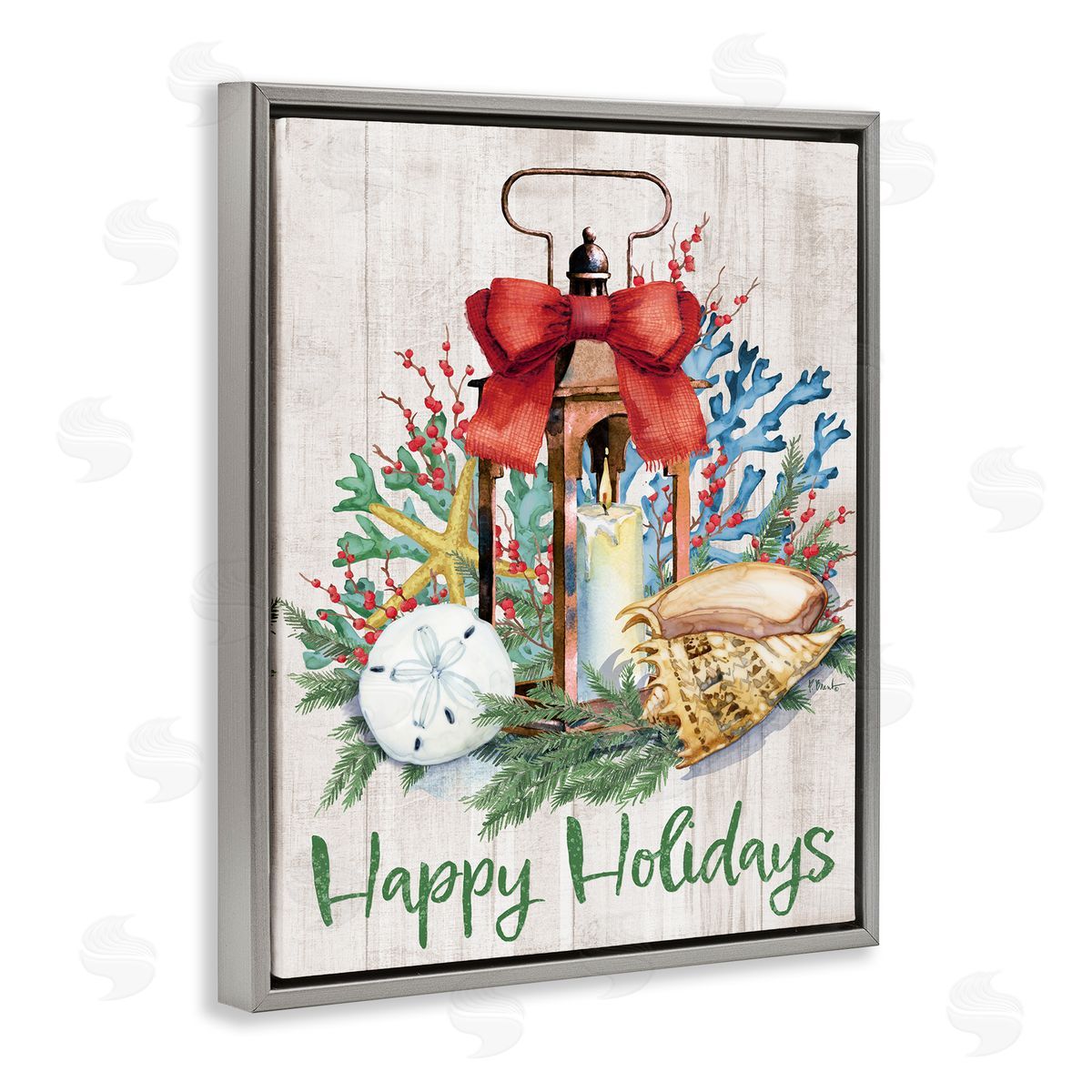 Happy Holidays Nautical Lantern Grey Floating Frame Canvas Wall Art, Home Decor by Paul Brent