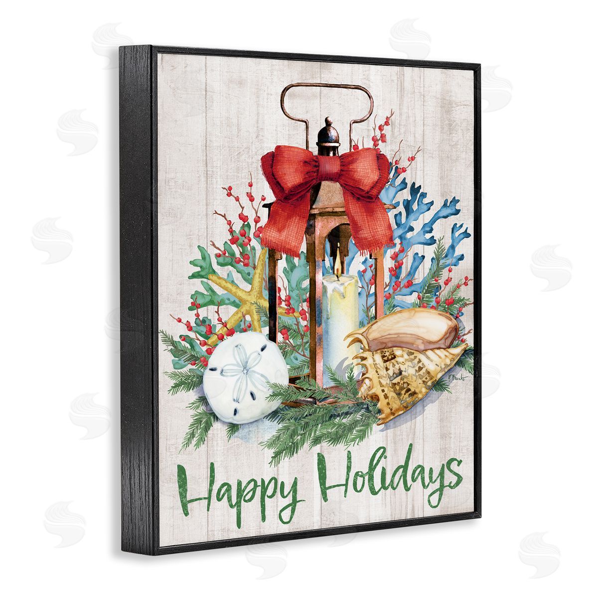 Happy Holidays Nautical Lantern Black Frame Print Wall Art, Home Decor by Paul Brent