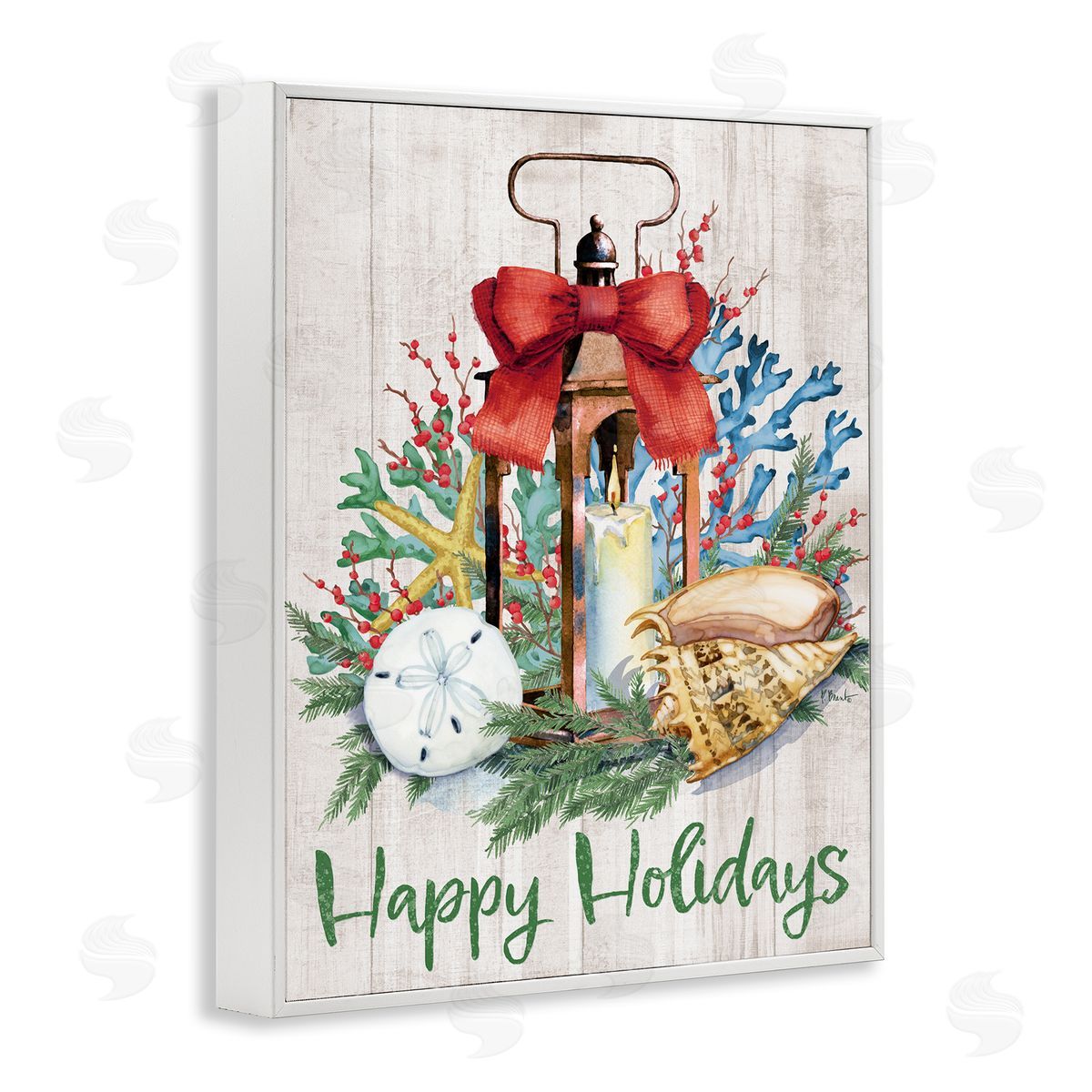 Happy Holidays Nautical Lantern White Frame Print Wall Art, Home Decor by Paul Brent