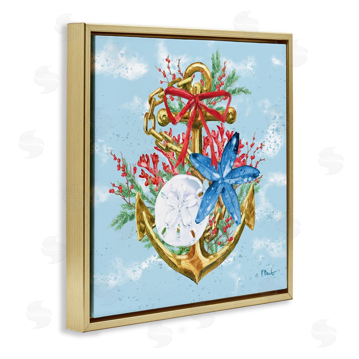 Holiday Submerged Anchor Gold Floating Frame Canvas Wall Art, Home Decor by Paul Brent
