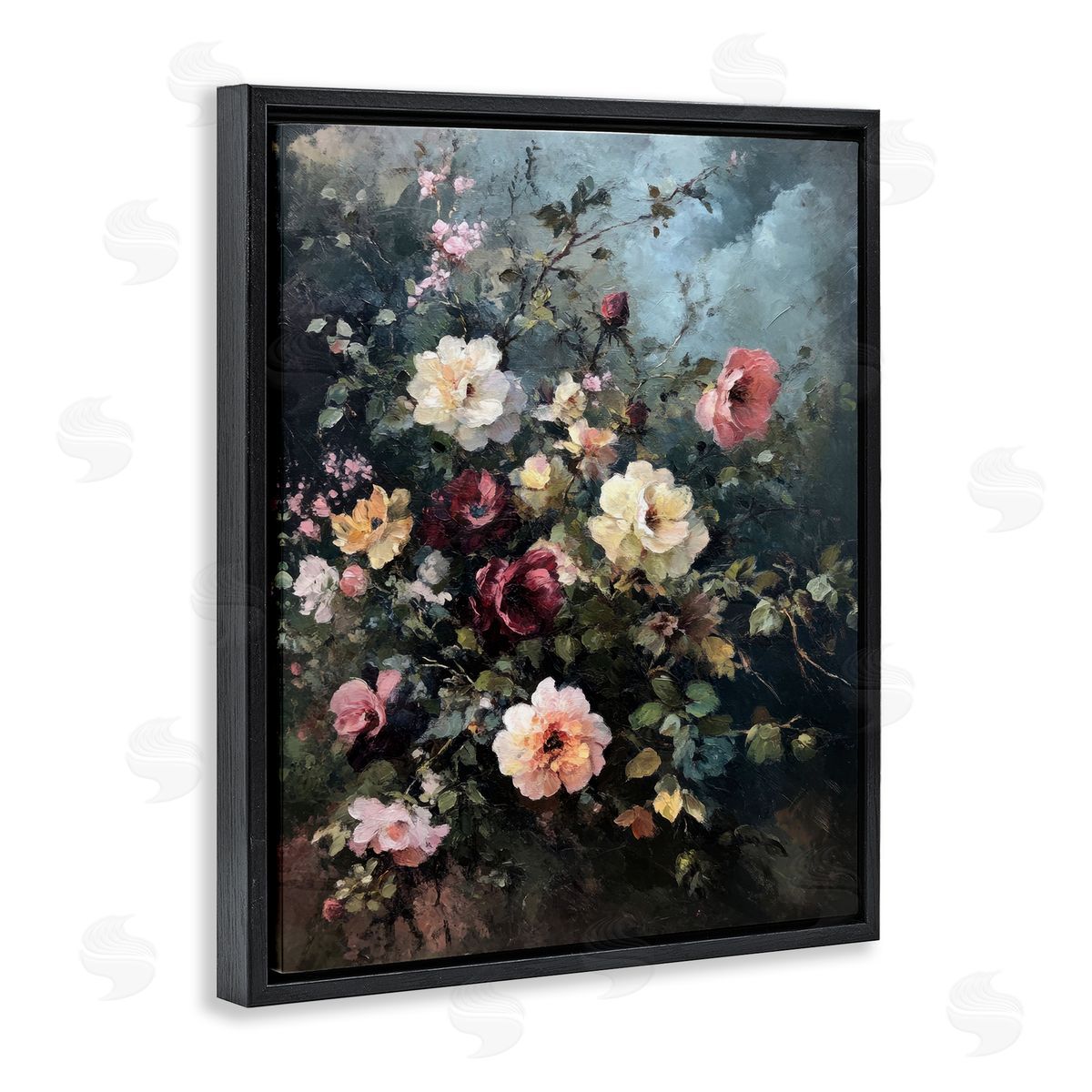 Moody Dark Bouquet Black Floating Frame Canvas Wall Art, Home Decor by Petal Prints Design