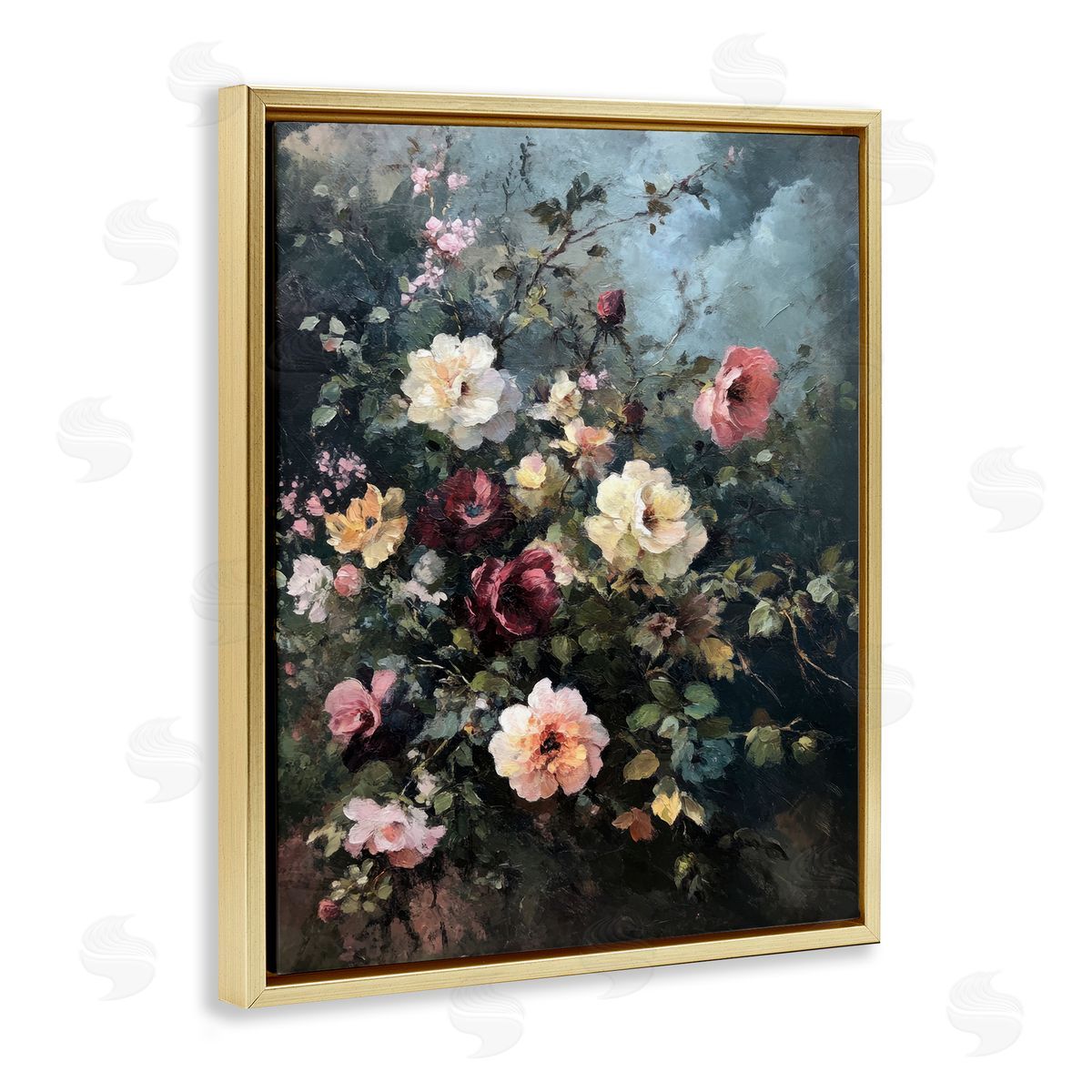 Moody Dark Bouquet Gold Floating Frame Canvas Wall Art, Home Decor by Petal Prints Design