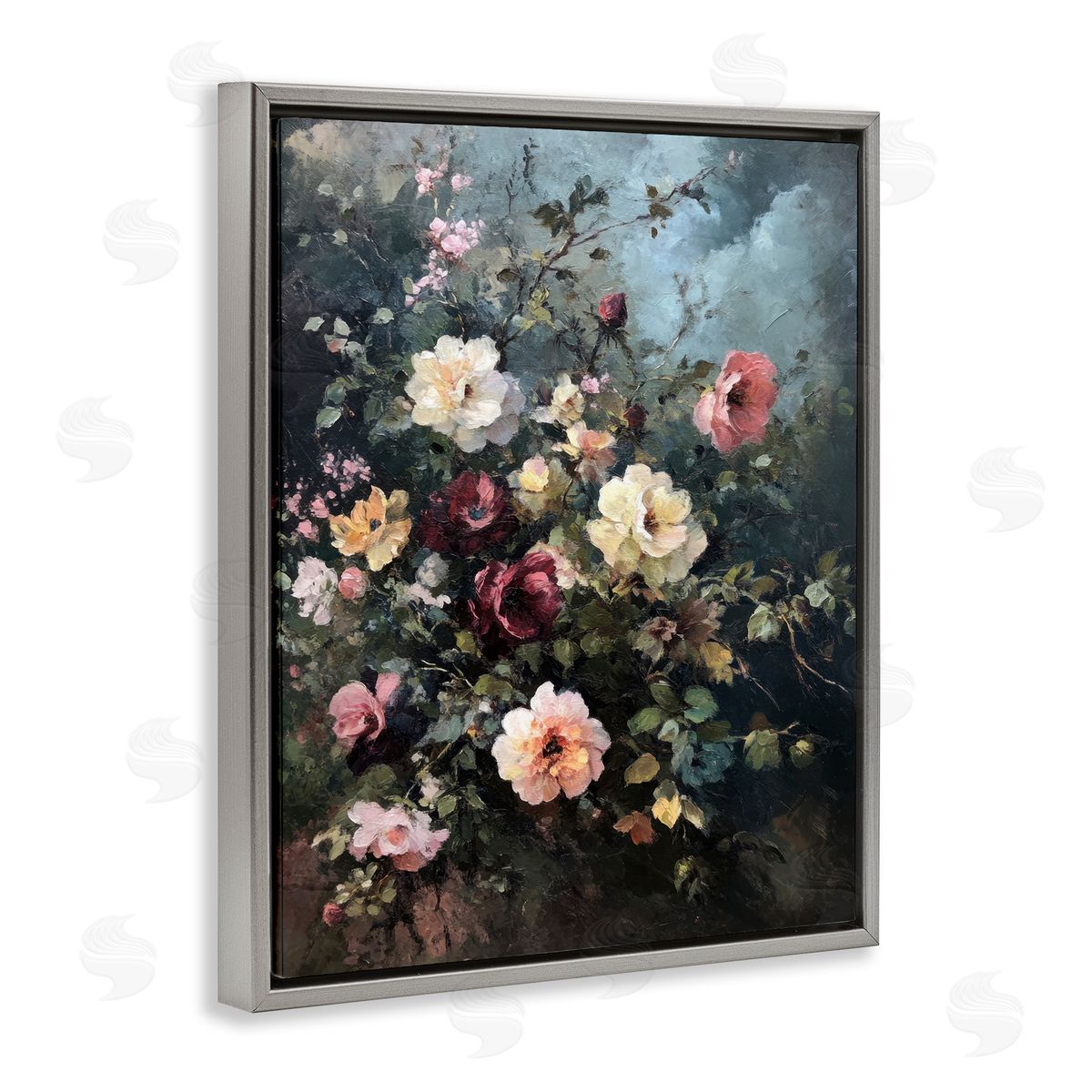 Moody Dark Bouquet Grey Floating Frame Canvas Wall Art, Home Decor by Petal Prints Design