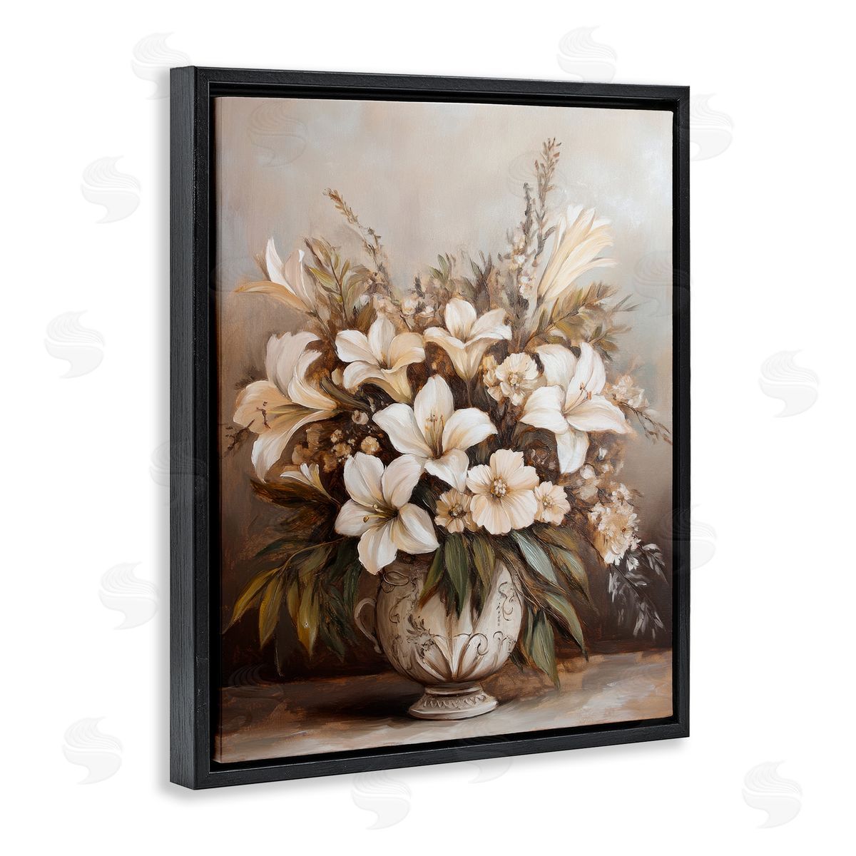 Lily Bouquet Still Life Black Floating Frame Canvas Wall Art, Home Decor by Petal Prints Design