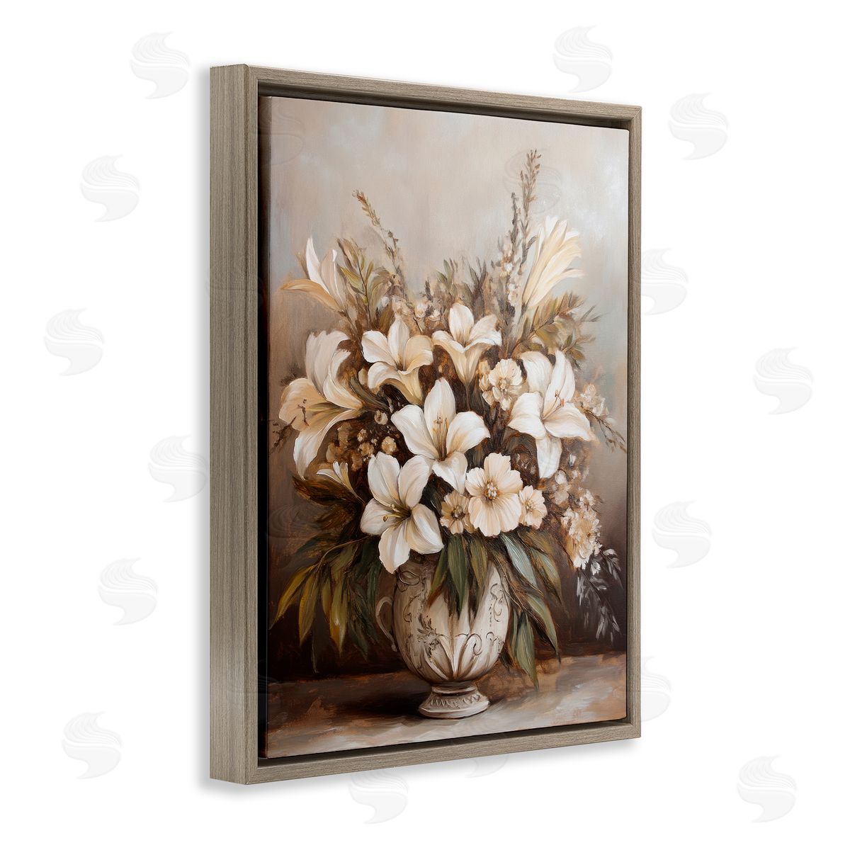 Lily Bouquet Still Life Brown Floating Frame Canvas Wall Art, Home Decor by Petal Prints Design