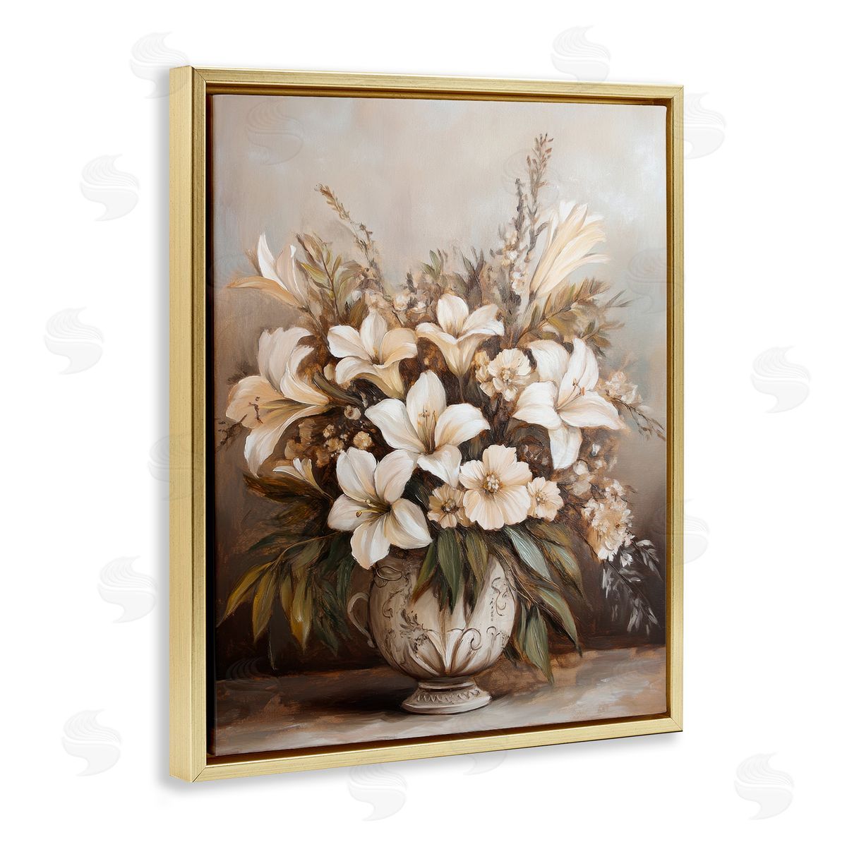 Lily Bouquet Still Life Gold Floating Frame Canvas Wall Art, Home Decor by Petal Prints Design