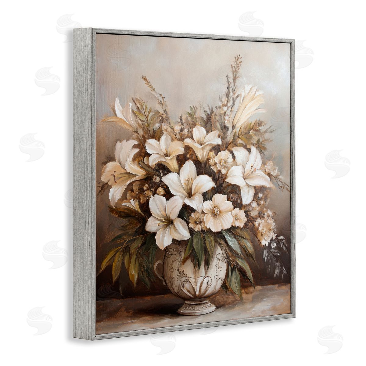 Lily Bouquet Still Life Grey Frame Print Wall Art, Home Decor by Petal Prints Design