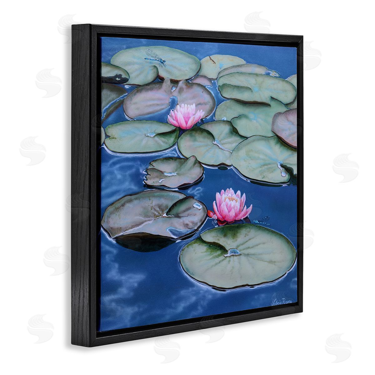 Blue Pond Lily Reflection Black Floating Frame Canvas Wall Art, Home Decor by Valerie Rogers