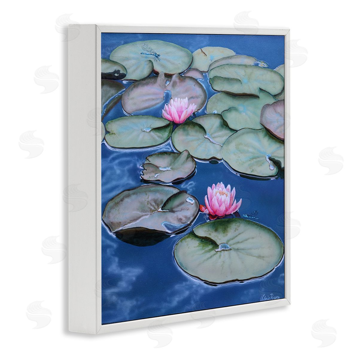 Blue Pond Lily Reflection White Frame Print Wall Art, Home Decor by Valerie Rogers