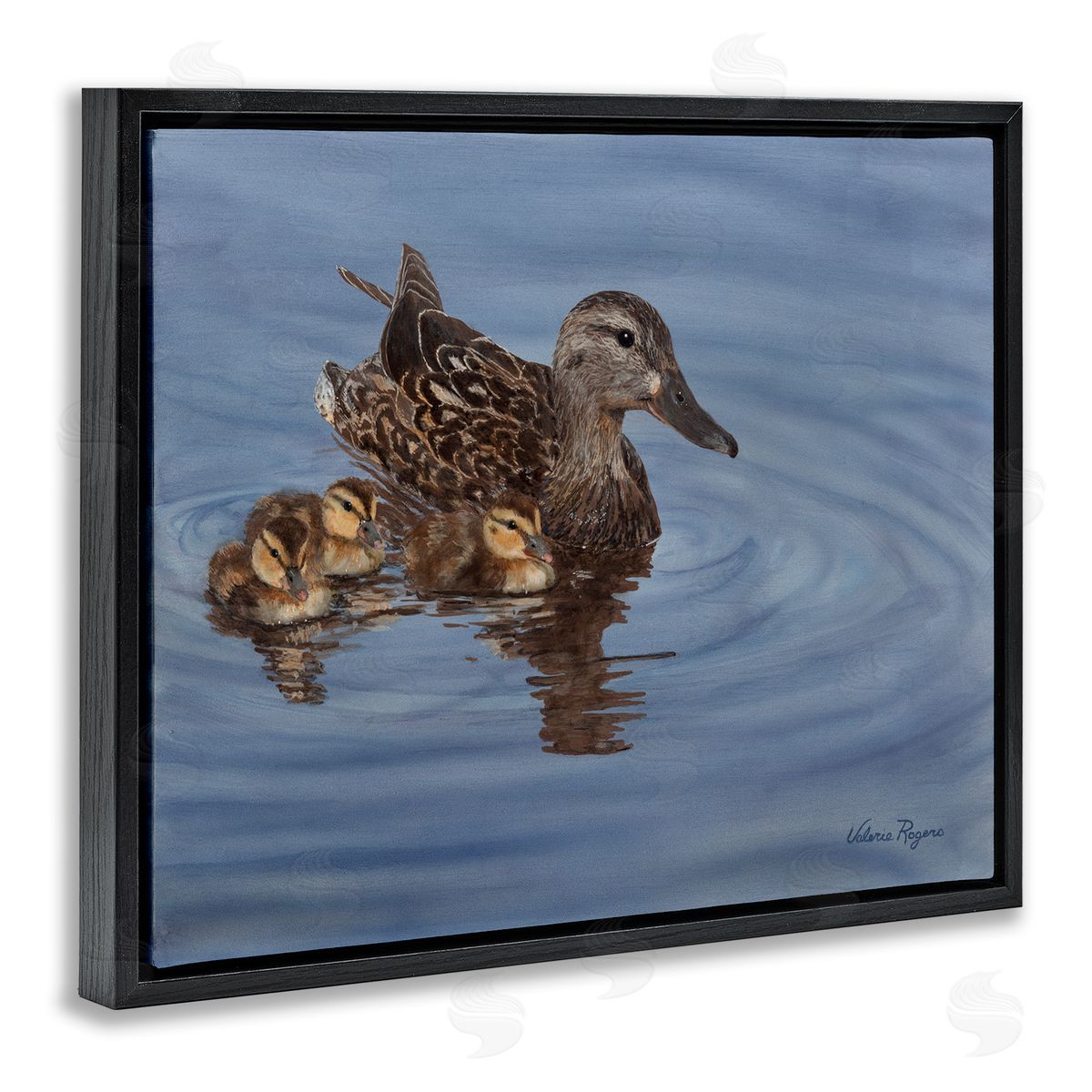Duck Family Ripples Black Floating Frame Canvas Wall Art, Home Decor by Valerie Rogers