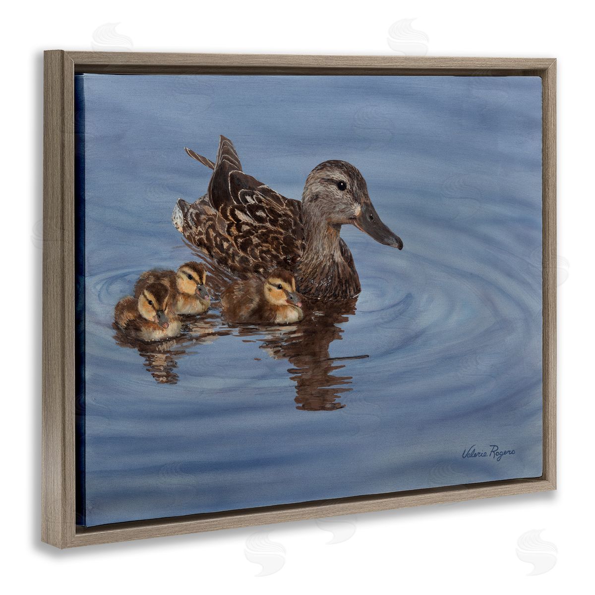 Duck Family Ripples Brown Floating Frame Canvas Wall Art, Home Decor by Valerie Rogers