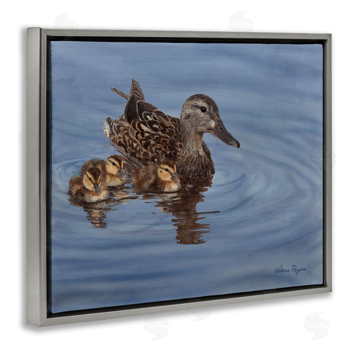 Duck Family Ripples Grey Floating Frame Canvas Wall Art, Home Decor by Valerie Rogers