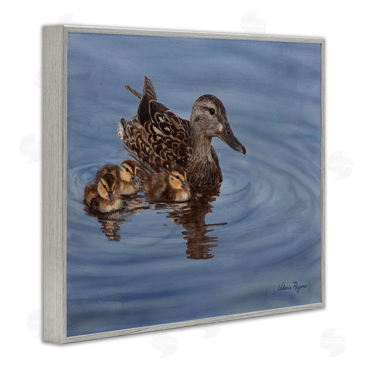 Duck Family Ripples Grey Frame Print Wall Art, Home Decor by Valerie Rogers