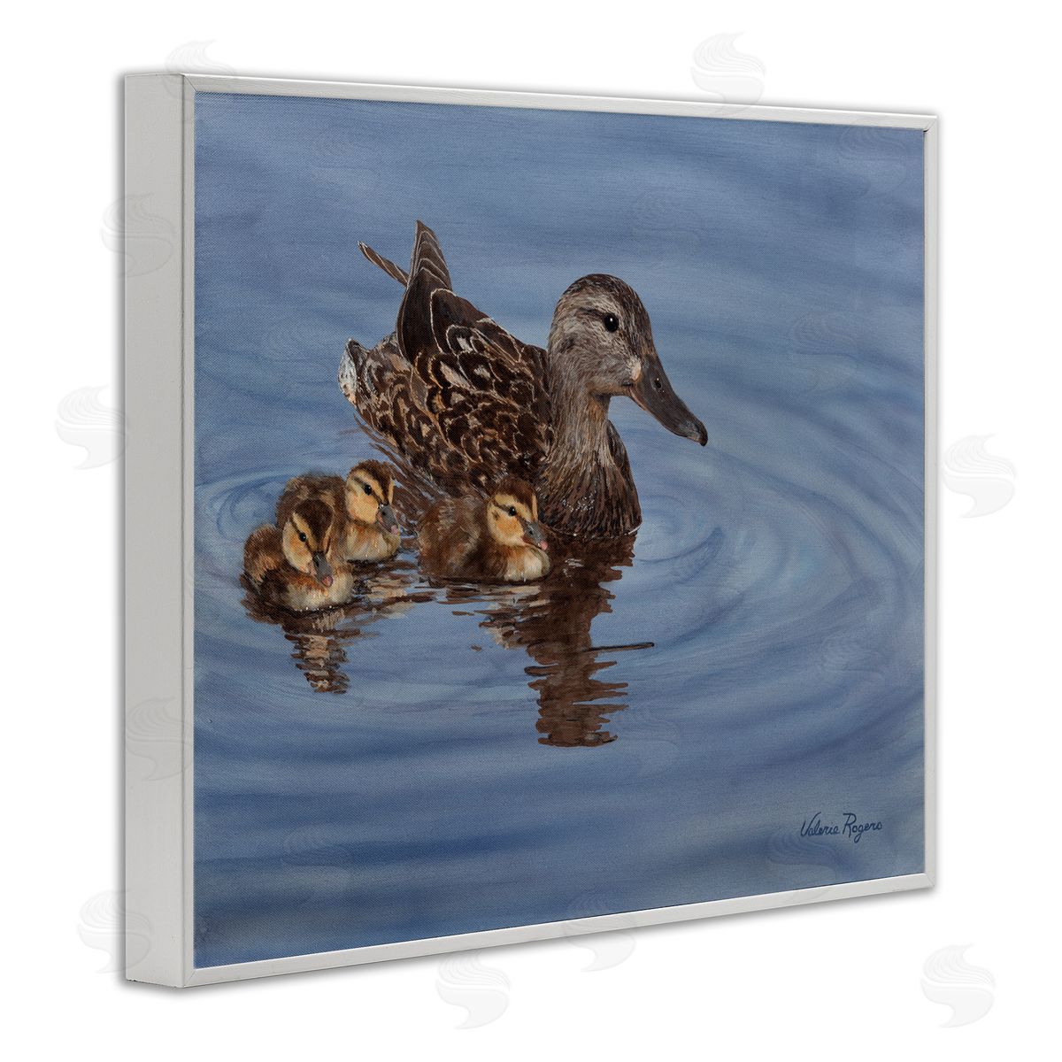 Duck Family Ripples White Frame Print Wall Art, Home Decor by Valerie Rogers