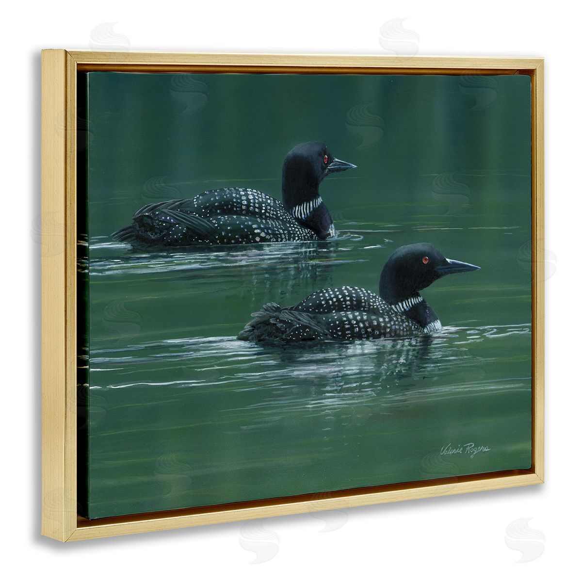 Peaceful Loon Duo Gold Floating Frame Canvas Wall Art, Home Decor by Valerie Rogers