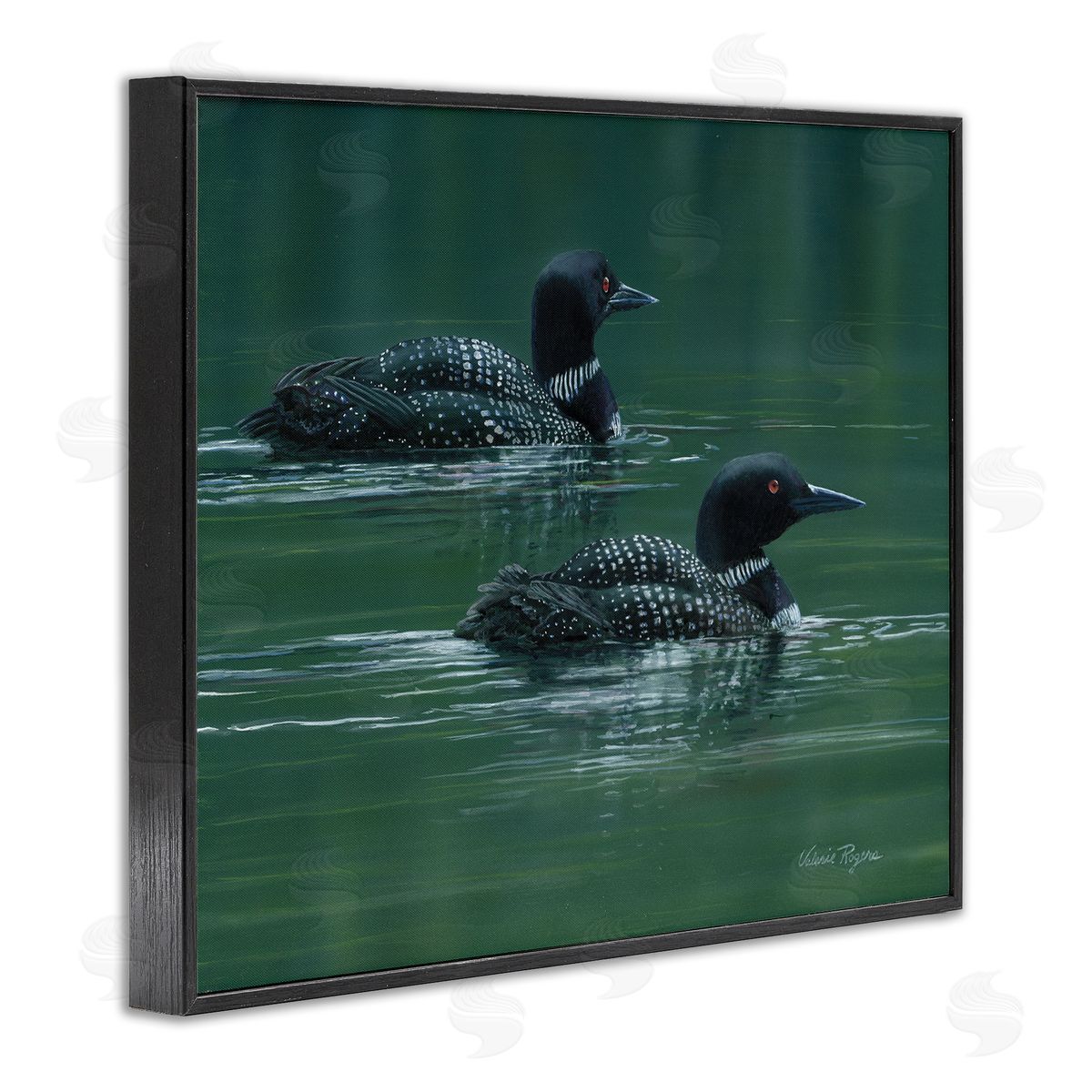 Peaceful Loon Duo Black Frame Print Wall Art, Home Decor by Valerie Rogers