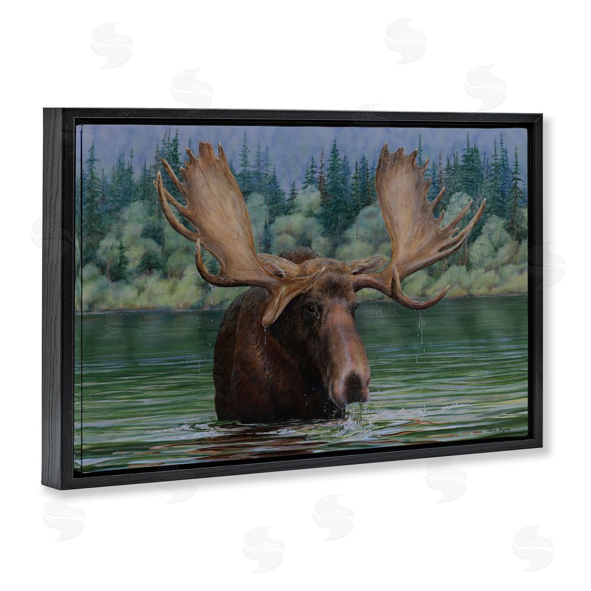 Moose Swimming in Lake Black Floating Frame Canvas Wall Art, Home Decor by Valerie Rogers