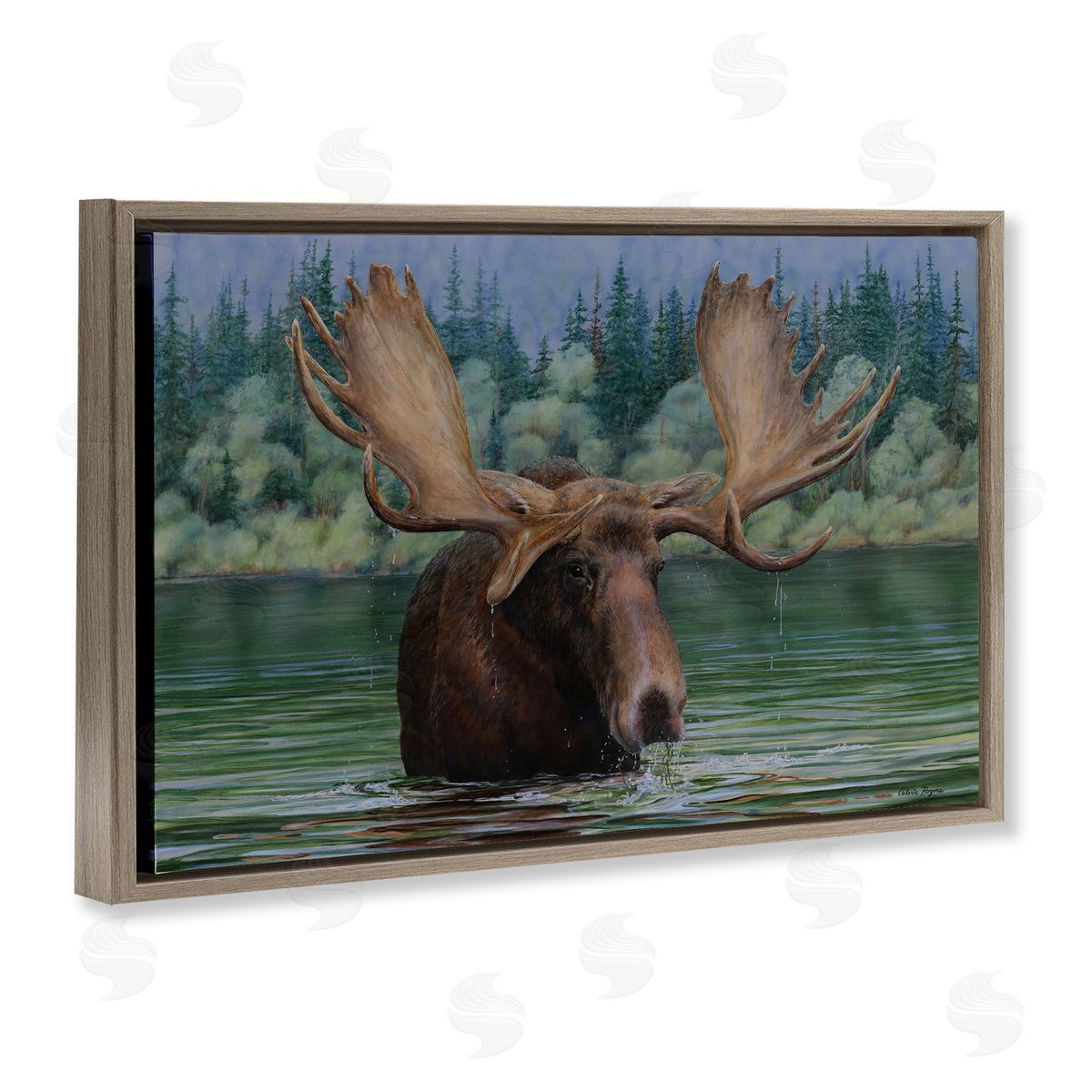 Moose Swimming in Lake Brown Floating Frame Canvas Wall Art, Home Decor by Valerie Rogers