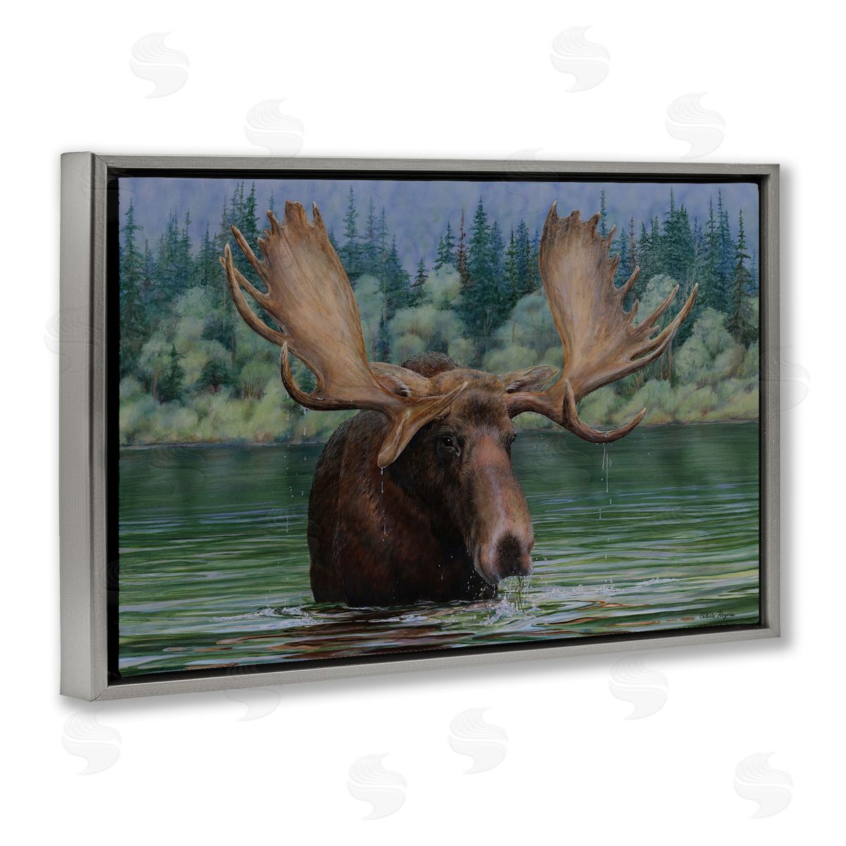 Moose Swimming in Lake Grey Floating Frame Canvas Wall Art, Home Decor by Valerie Rogers