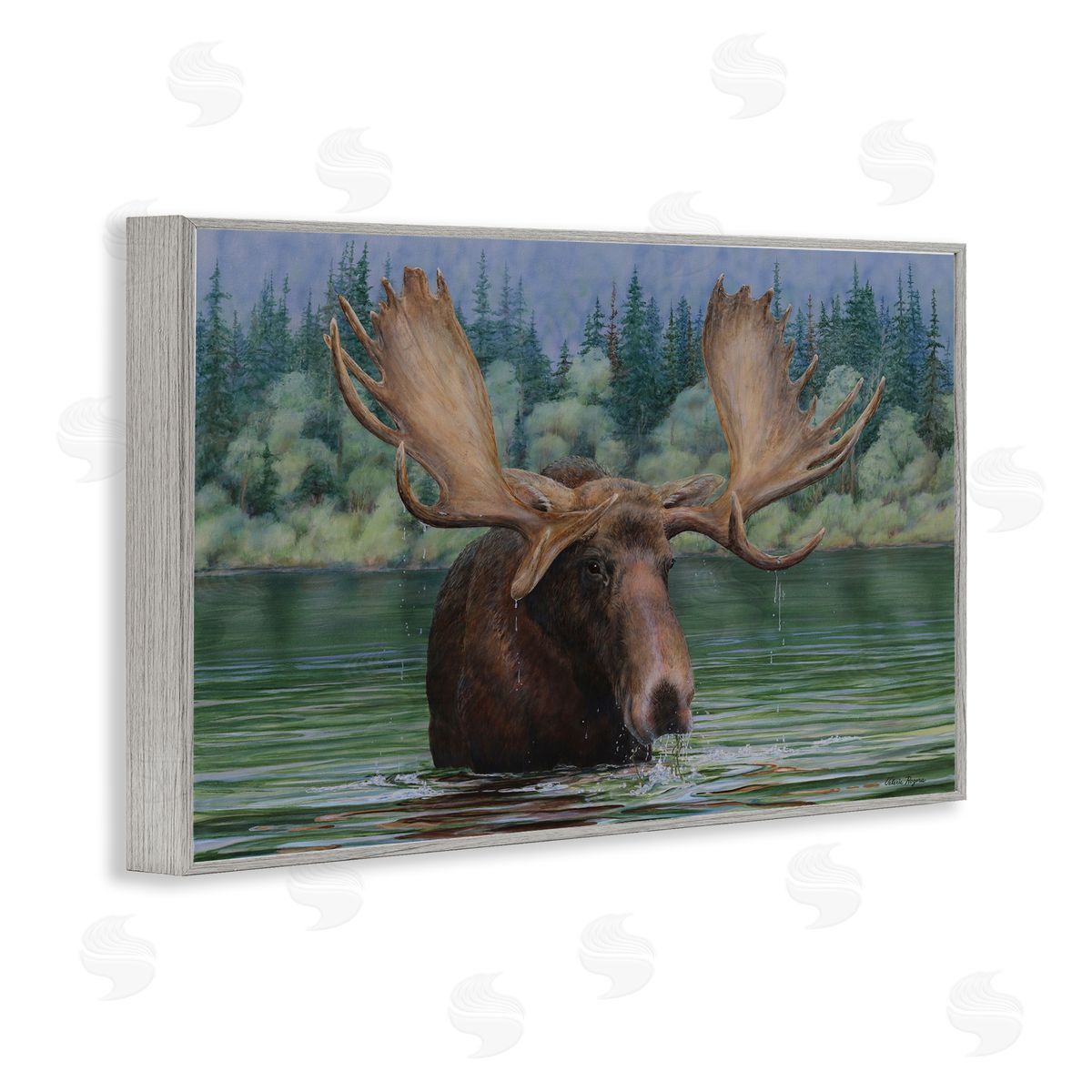Moose Swimming in Lake Grey Frame Print Wall Art, Home Decor by Valerie Rogers