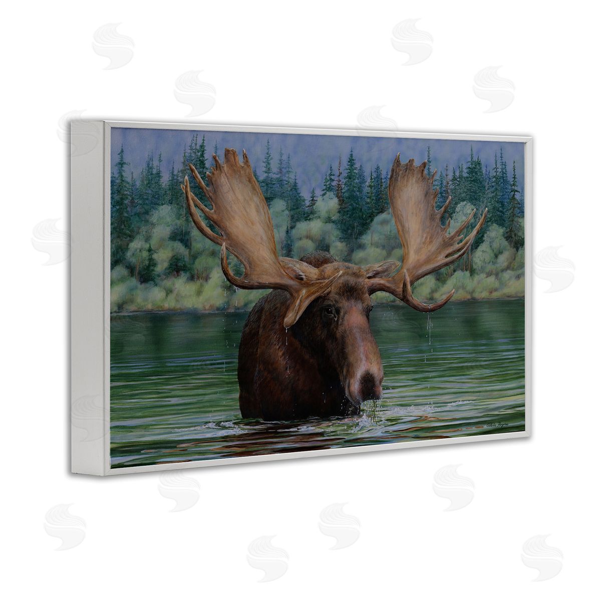Moose Swimming in Lake White Frame Print Wall Art, Home Decor by Valerie Rogers