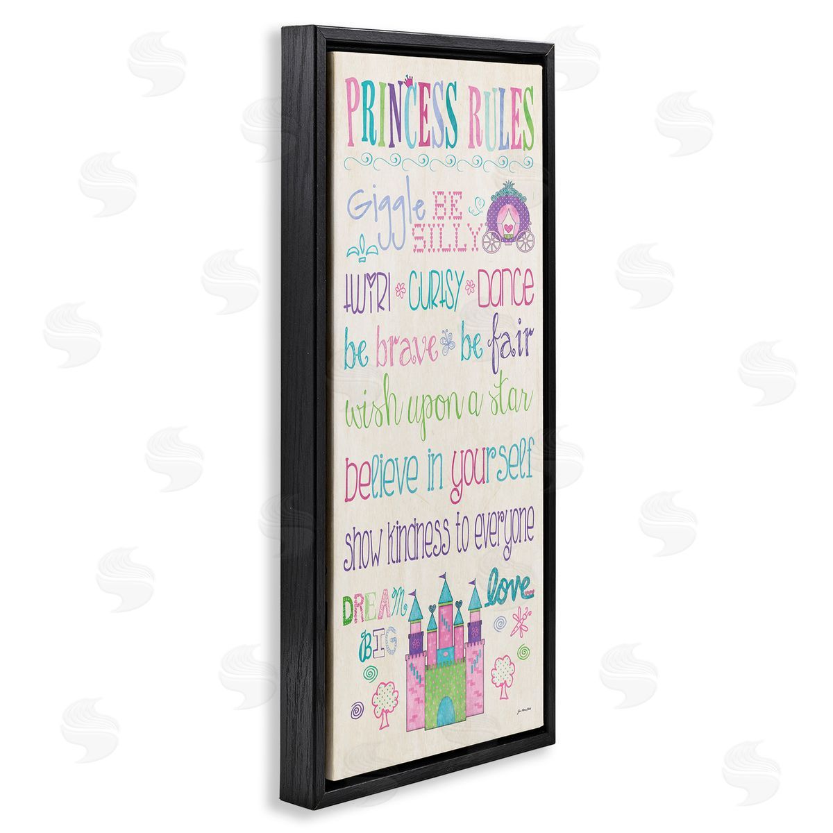 Princess Rules With Castle & Carriage Black Floating Frame Canvas Wall Art, Home Decor by Jo Moulton