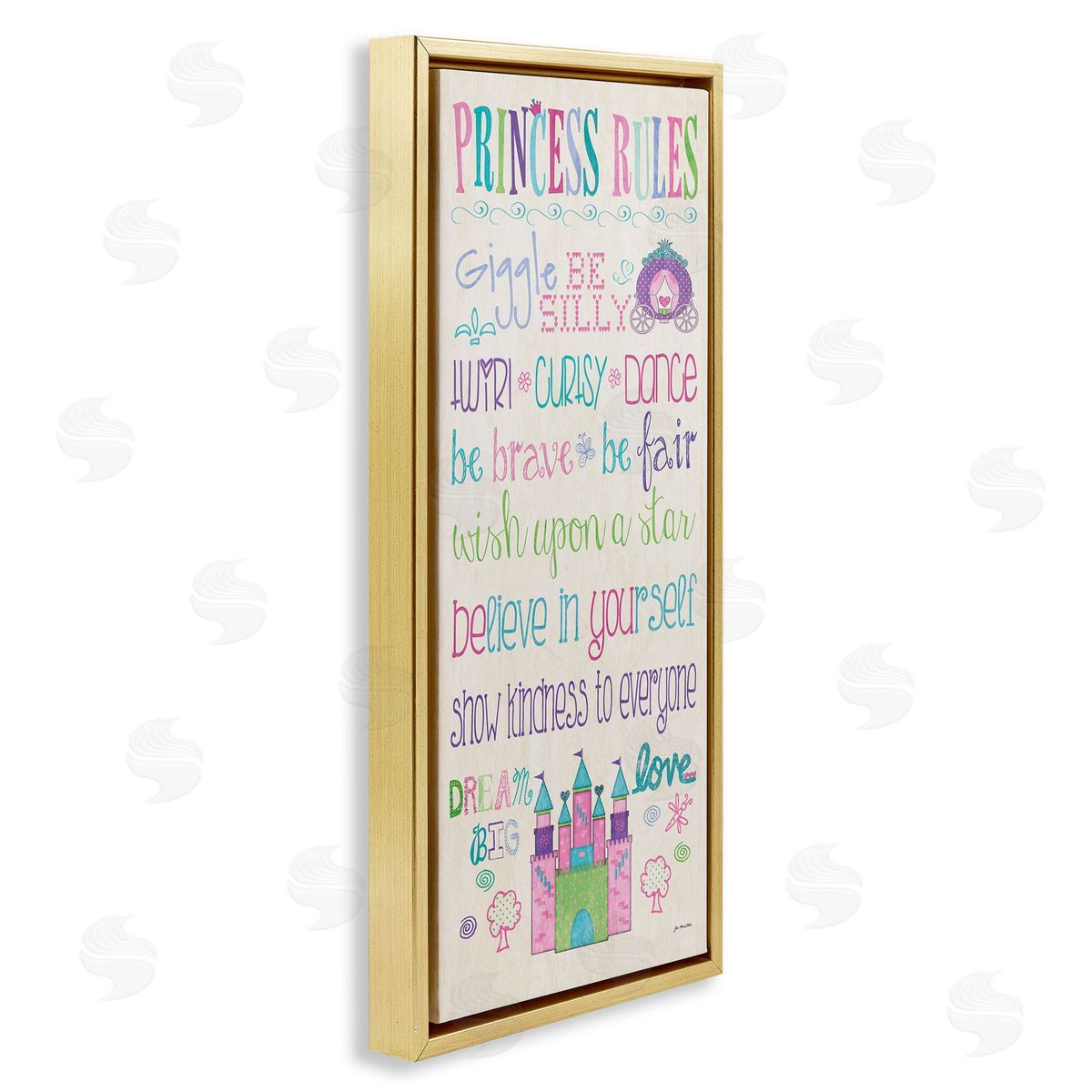 Princess Rules With Castle & Carriage Gold Floating Frame Canvas Wall Art, Home Decor by Jo Moulton