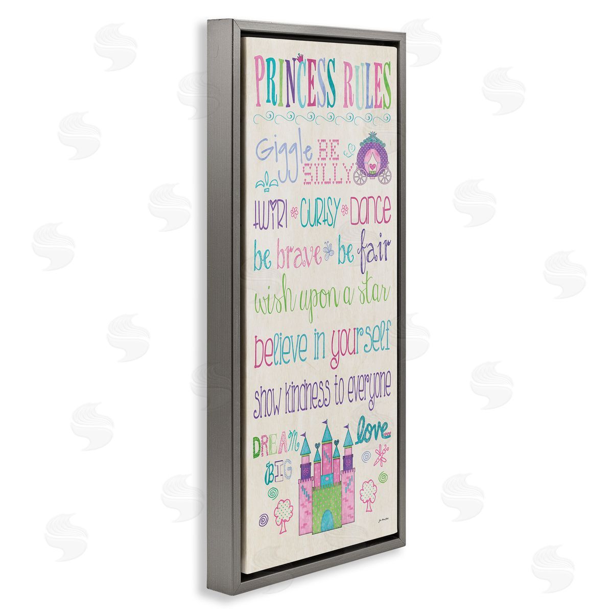 Princess Rules With Castle & Carriage Grey Floating Frame Canvas Wall Art, Home Decor by Jo Moulton