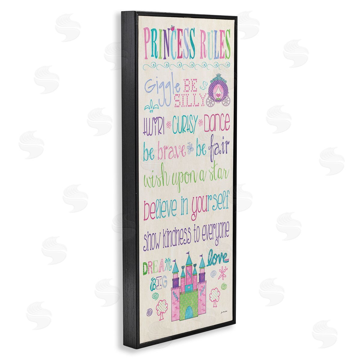 Princess Rules With Castle & Carriage Black Frame Print Wall Art, Home Decor by Jo Moulton
