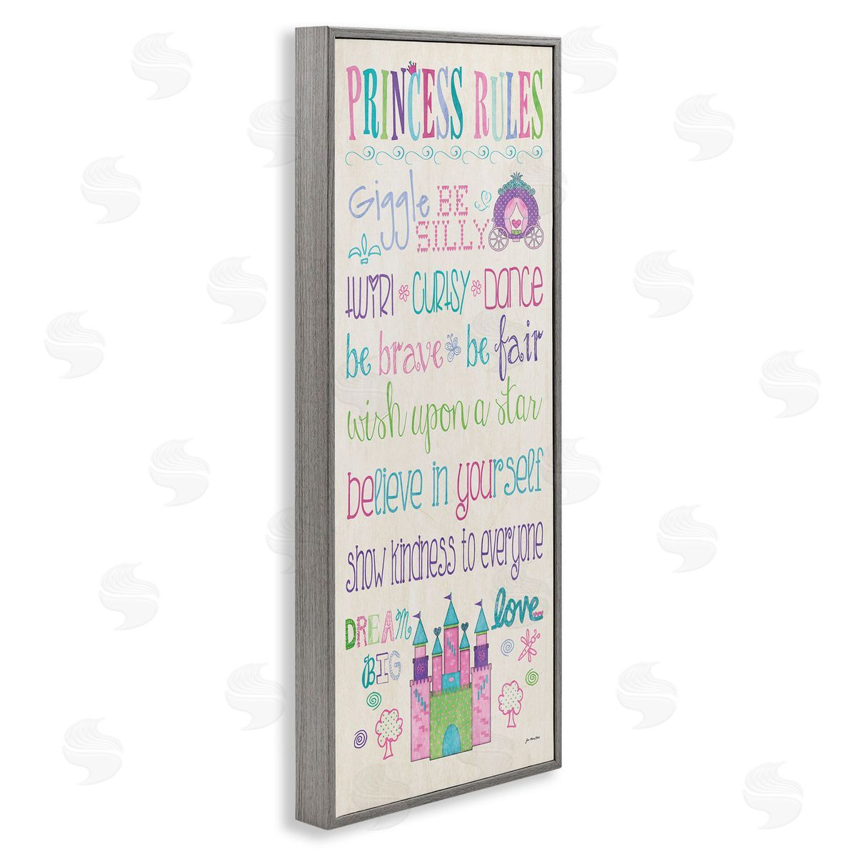 Princess Rules With Castle & Carriage Grey Frame Print Wall Art, Home Decor by Jo Moulton
