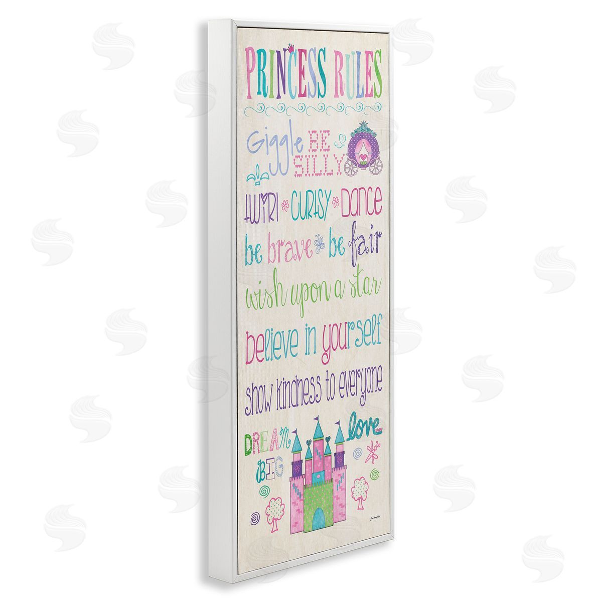 Princess Rules With Castle & Carriage White Frame Print Wall Art, Home Decor by Jo Moulton