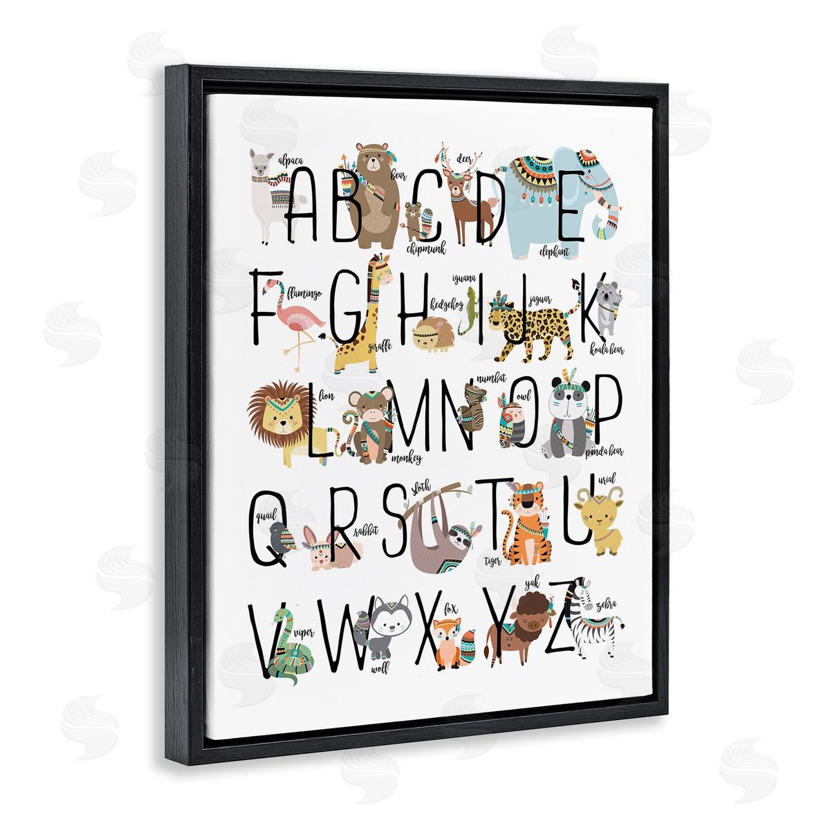 Boho Animals Alphabet Black Floating Frame Canvas Wall Art, Home Decor by Erica Billups