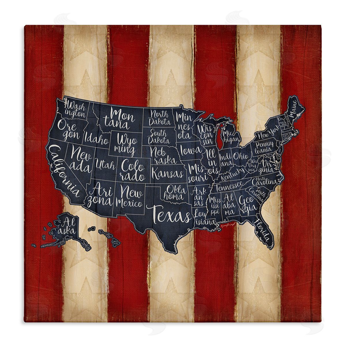 United States Map on Stripes Canvas Wall Art, Home Decor by Jennifer Pugh