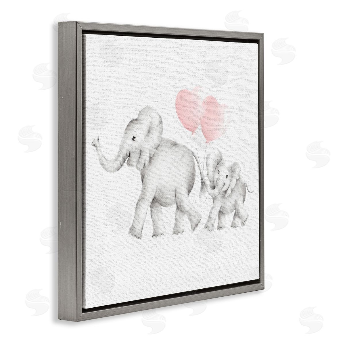 Elephant Family with Pink Balloons Grey Floating Frame Canvas Wall Art, Home Decor by Studio Q
