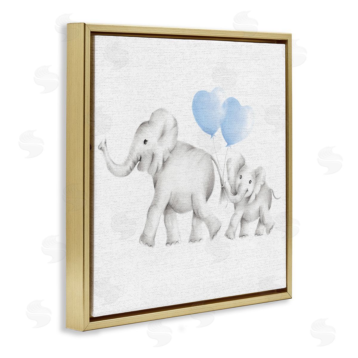 Elephant Family with Blue Balloons Gold Floating Frame Canvas Wall Art, Home Decor by Studio Q