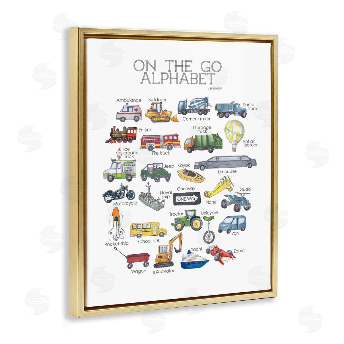 On The Go Transportation Alphabet Gold Floating Frame Canvas Wall Art, Home Decor by Dishique